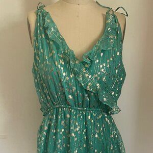 Oleg Cassini Turq and Gold Foil Crossover Party Dress size 6